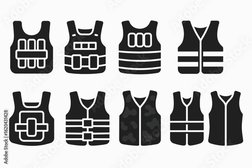 Safety vest silhouette icon set: protective clothing, construction, industrial icons