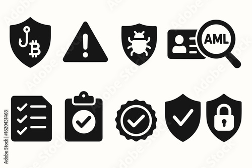 Cybersecurity and compliance solid icon set with shields and checkmarks
