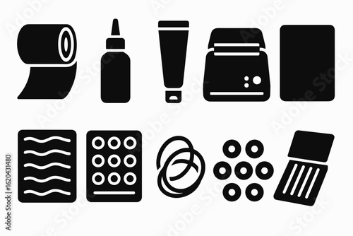 Grocery shopping solid icon set: everyday items, essentials in black solid style