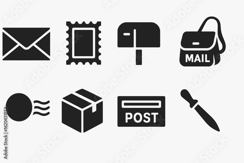 Mail and postal silhouette icon set. envelope, stamp, package, delivery icons