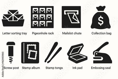 Mail, office silhouette icon set. sorting, storage, stationery essentials, chute images