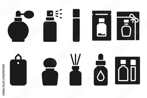 Perfume and fragrance solid icon set. elegant beauty and scent silhouette icons