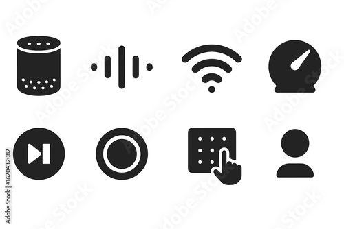 Technology and interface solid icon set. gadget, network, user interface symbols