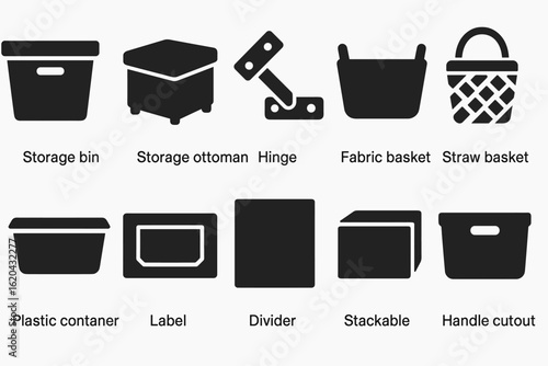Storage and organization solid icon set. home, office, containers solid collection
