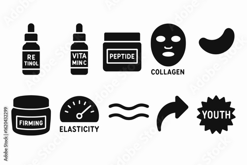 Skincare and beauty silhouette icon set: essentials for youthful appearance