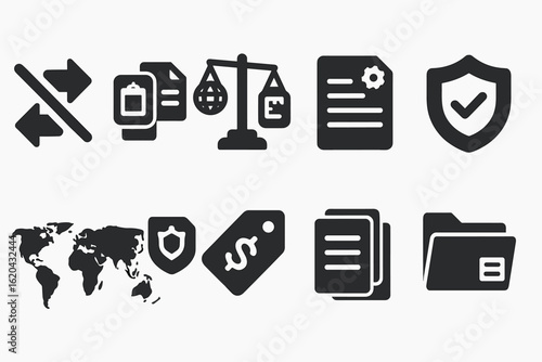 Business, finance filled icon set. secure, document, folder, scale, tag, map icons