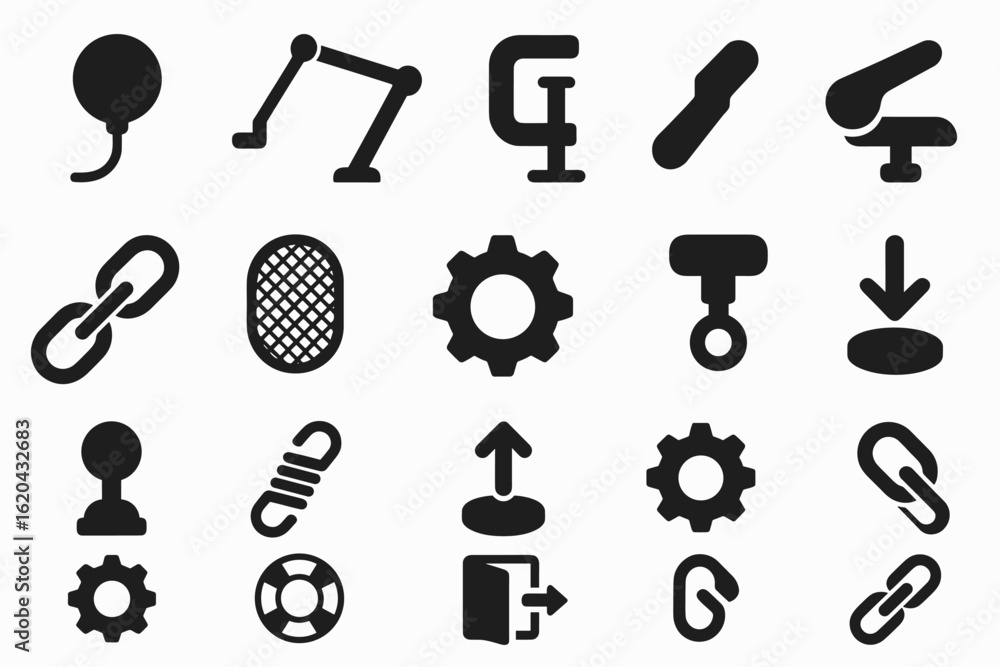 Industrial tools solid icon set. engineering, machine parts in solid style collection Industrial tools solid icon set. engineering, machine parts in solid style collection