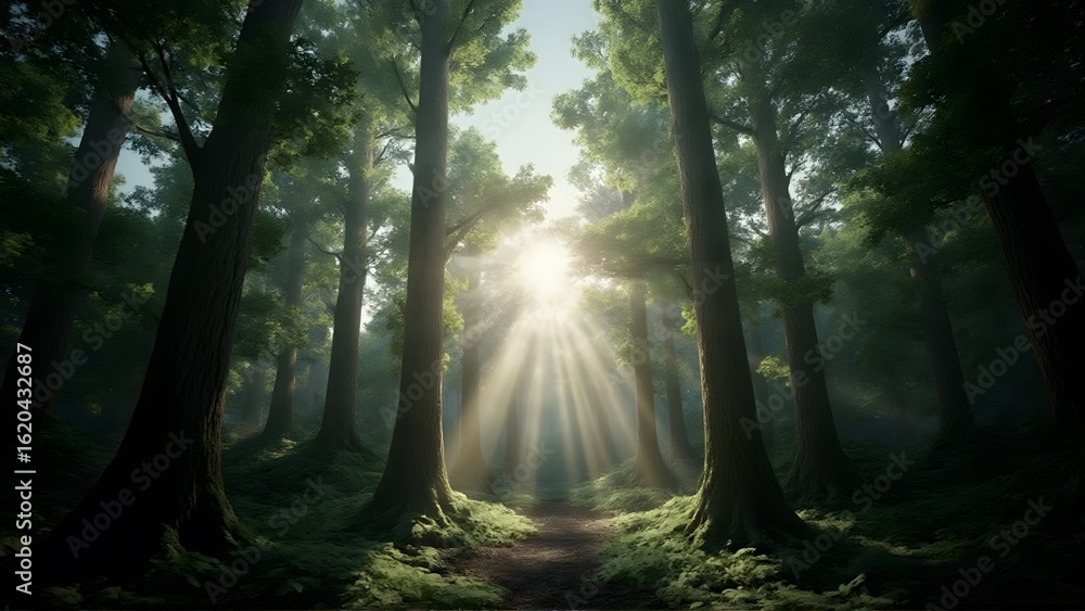 Obraz premium Sunlight shining through trees in forest
