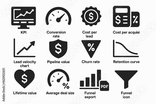 Business metrics solid icon set. kpi, conversion, sales icons solid collection