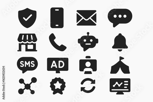 Communication, notification solid icon set. messaging, phone notification symbols, solid style