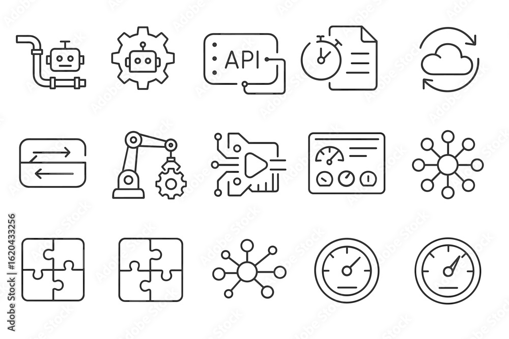 Fototapeta premium Technology, network, and api line icon set. robotics and cloud outline icons
