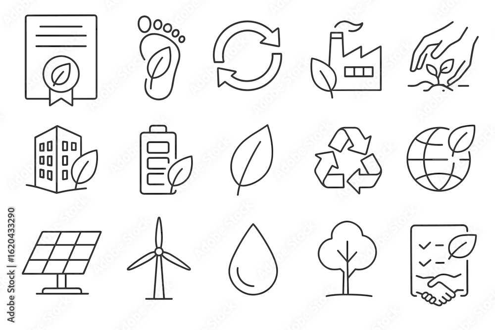 Fototapeta premium Eco-conscious linear icon set. sustainability, environment, renewable energy icons