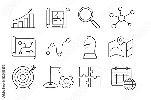 Business planning outline icon set. strategy, growth, and analysis icons collection