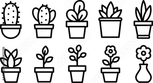 Collection of potted plants and flowers in minimalist outline icons, showcasing various indoor and outdoor greenery.