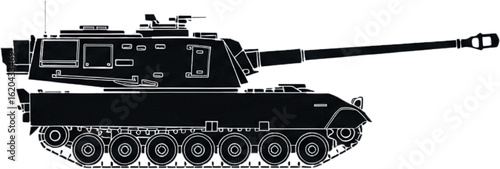 M109A7 Paladin Silhouette – Bold Black Military Artillery Vector Highlighting Gun Barrel, Tracks & Turret in Striking Contrast