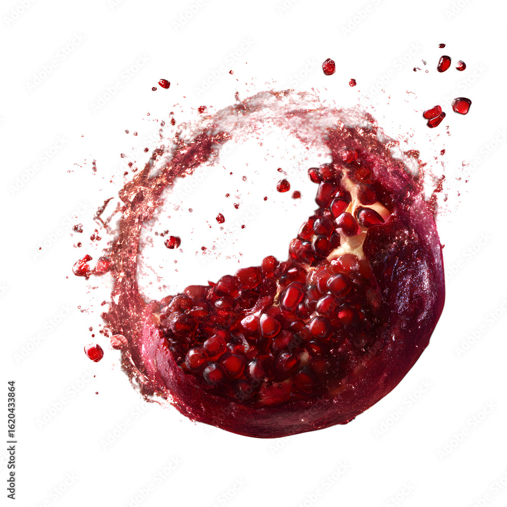 Pomegranate and berry juice mist spinning in orb-like halo, rich detail and light scatter, isolated on transparent background Pomegranate and berry juice mist spinning in orb-like halo, rich detail and light scatter, isolated on transparent background