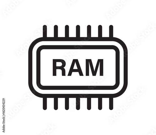 RAM chip icon representing computer memory, data processing hardware, electronic component, digital technology system, and internal storage in computing devices