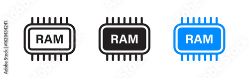 RAM chip icons in outline, solid black, and blue styles representing computer memory, data storage, electronic components, hardware parts, and digital technology interface design