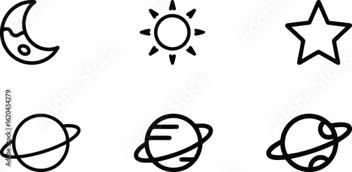 Celestial bodies and astronomical symbols in minimalist outline icons, featuring the moon, sun, stars, and planets.
