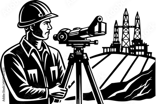 Civil engineer surveyor working with a theodolite on a tripod, surveying a site with a power plant in the background. Retro black and white illustration.