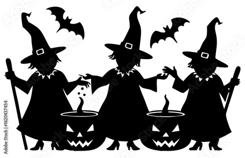 A coven of three spooky witches in silhouette form, brewing a magical potion in jack-o'-lantern cauldrons under flying bats for Halloween.