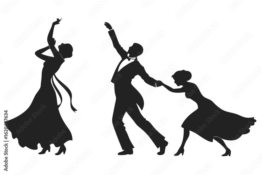 Obraz premium Elegant Vintage Dancers Silhouette Illustration of Classic Social Dance Movement in Formal Attire, Celebratory Elegance