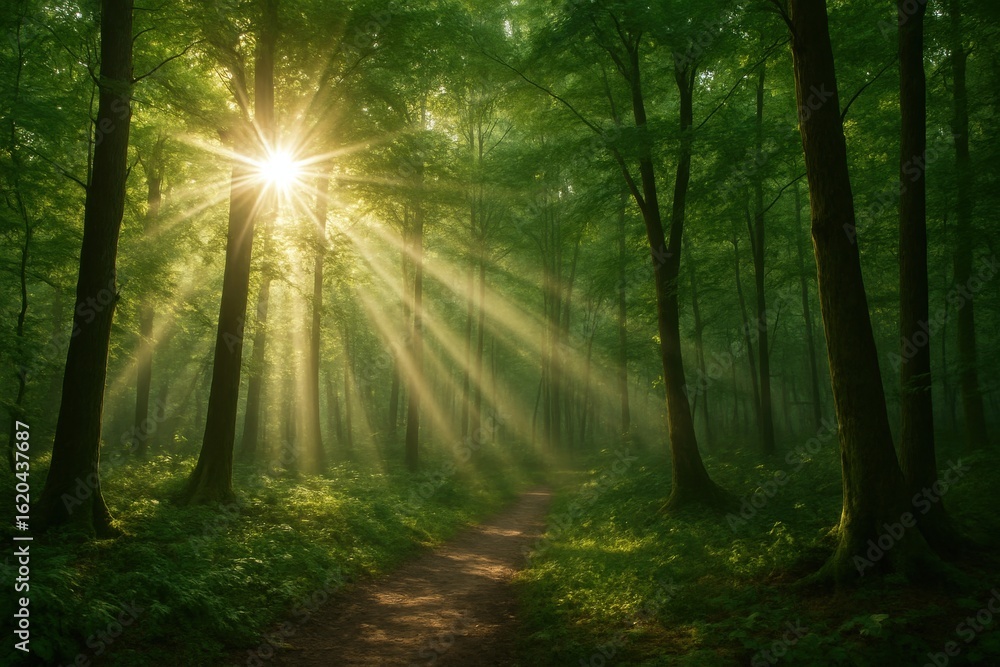 Obraz premium Sunlight Filters Through Trees A Serene Forest Trail