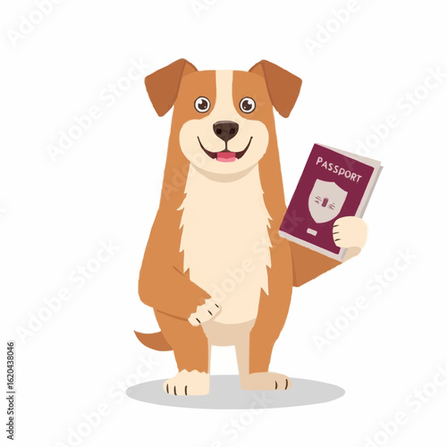 Cartoon dog holding a passport and smiling happily  
