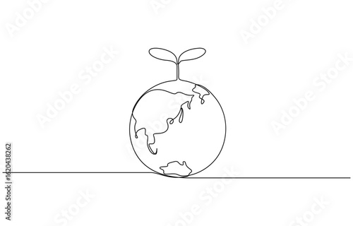 Continuous one line drawing of plant on earth vector illustration. Editable outline