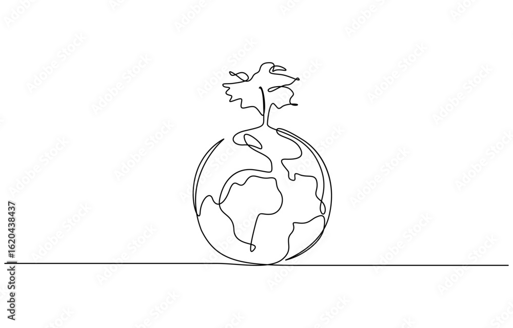 Fototapeta premium Continuous one line drawing of plant on earth vector illustration. Editable outline