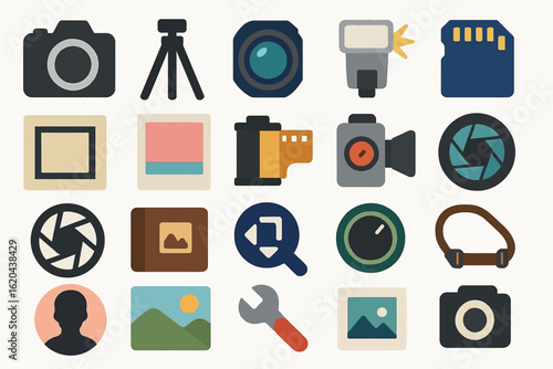 Photography Equipment Icons Camera Lens Tripod Flash Editing Tools