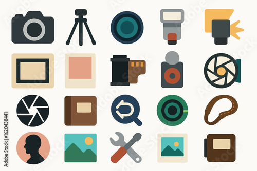 Photography Equipment Icons Camera Lens Tripod Flash Editing Tools
