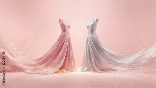 Two elegant gowns with flowing trains on pink backdrop