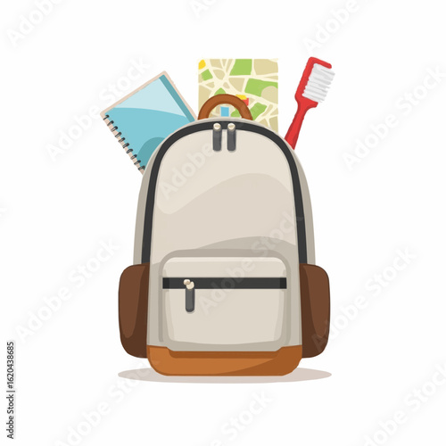 Backpack with map, notebook, and toothbrush for travel essentials  