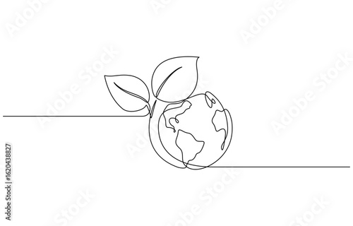 Continuous one line drawing of plant on earth vector illustration. Editable outline