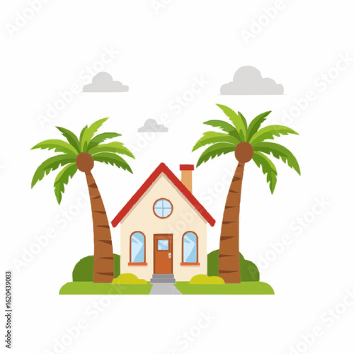Charming house with palm trees and clouds in a sunny environment  