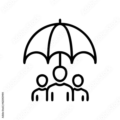 An illustrated concept depicting protection, security and coverage for a group, represented under the shelter of an umbrella. The stark, simple style accentuates the core theme.