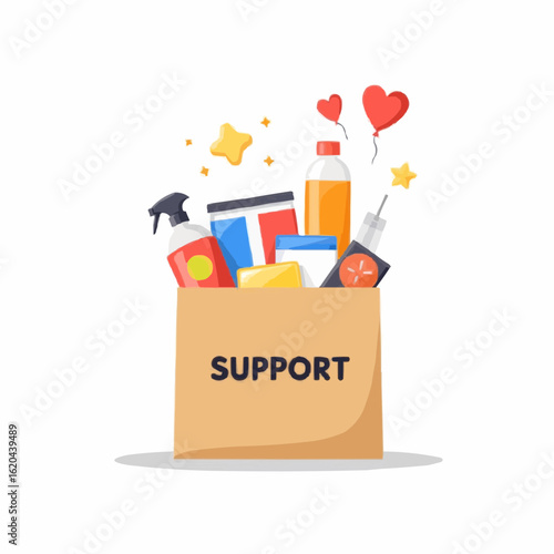 Support box filled with supplies and colorful decorations  