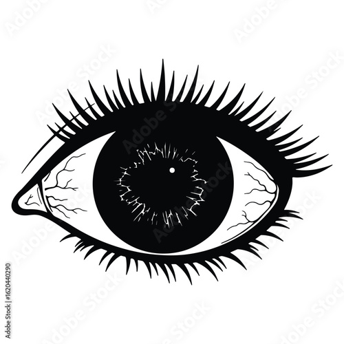 Black and white illustration of an eye depicting vision, perception, and awareness