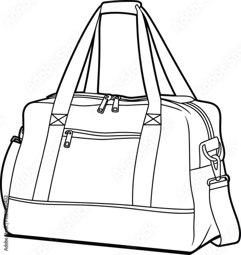 Duffel bag illustration, travel accessory, gym bag design, durable compartments, adjustable shoulder strap, stylish carry-on, versatile luggage, everyday use