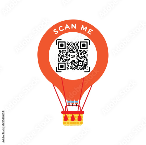 An illustrative vector graphic of a vibrant orange hot air balloon featuring a scannable QR Code and a 'Scan Me' call to action for modern digital marketing.