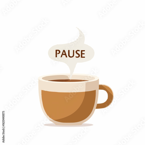 Coffee cup with steam and the word "PAUSE" in flat design  