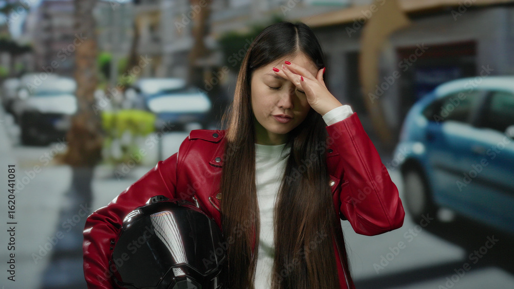 Woman standing on urban street in red jacket holding black helmet with a thoughtful expression surrounded by blurred cityscape and parked cars suggesting modern lifestyle. Woman standing on urban street in red jacket holding black helmet with a thoughtful expression surrounded by blurred cityscape and parked cars suggesting modern lifestyle.