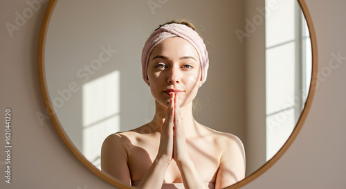 Woman practicing face yoga while looking at reflection in mirror during daylight