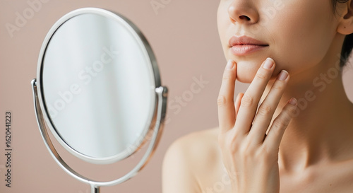 Woman practicing face yoga in front of a mirror 