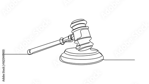 Self drawing line animation judge hammer continuous line drawn concept video, Self drawing line animation judge hammer continuous line drawn concept video, Placed lying on a wooden cushion.