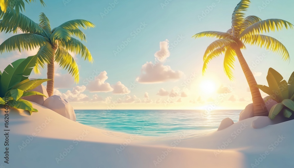 Obraz premium Tranquil Summer Island: Romantic Couple Travel Seaside Tourism On Exotic Shore Coast Nature With Horizon Palm Trees And Calm Waters