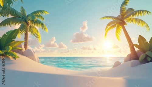 Tranquil Summer Island  Romantic Couple Travel Seaside Tourism On Exotic Shore Coast Nature With Horizon Palm Trees And Calm Waters