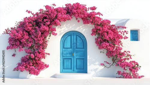 Romantic Street Scenic Of Oia, Santorini: Old Blue Door Pink Flowers And Traditional Greek Architecture In White Houses. Perfect Couple Destination Vacation.