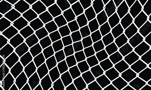 Close-up of white fishing net with diamond mesh pattern on black background. Minimalist, geometric style highlighting texture, weave, and symmetry. High contrast, no shadows.